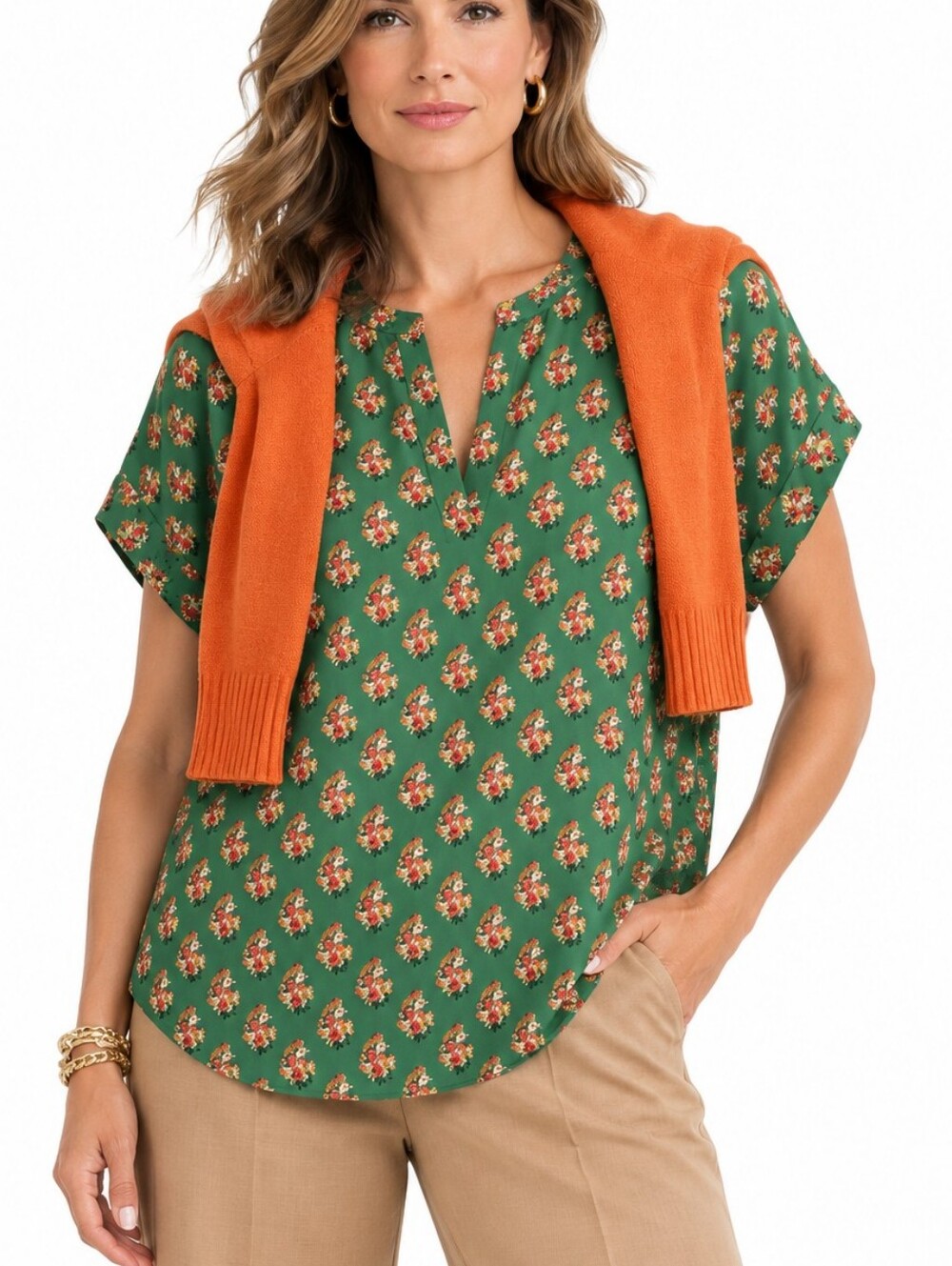 Cabi Block Print  Green Floral Short Sleeve top #3252 Fall Colors